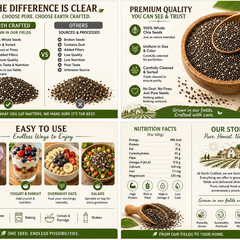 Earth Crafted Whole Chia Seeds | From Our Farms to Your Home | 100% Natural & Unprocessed | Triple Sorted | No Dust & Stone | Rich in Fiber, Protein & Omega 3 | Non-GMO Superfood