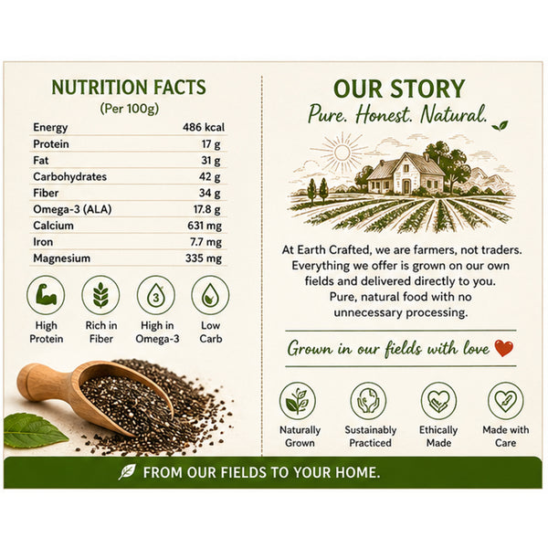 Earth Crafted Whole Chia Seeds | From Our Farms to Your Home | 100% Natural & Unprocessed | Triple Sorted | No Dust & Stone | Rich in Fiber, Protein & Omega 3 | Non-GMO Superfood